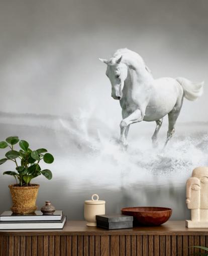 Papel pintado Caballo blanco y negro en la playa