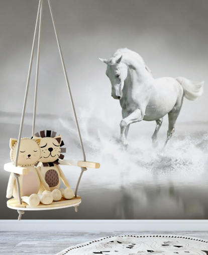 Papier Peint Cheval Noir et Blanc sur la Plage