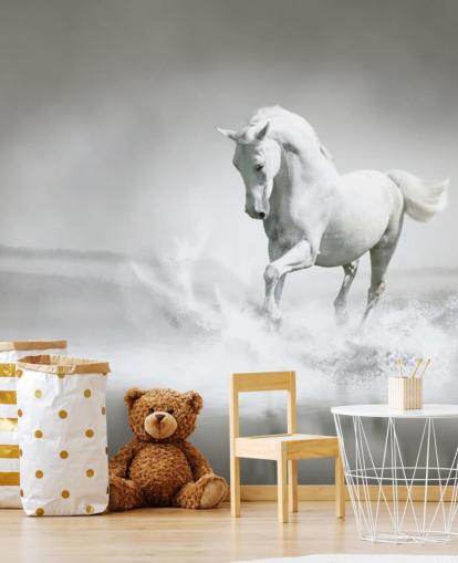 Black and White Horse on Beach Wallpaper