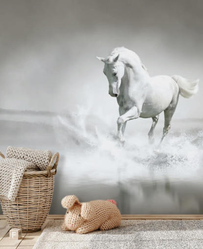 Carta da parati con cavallo bianco e nero sulla spiaggia