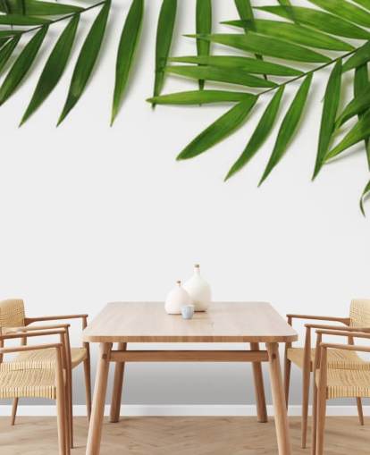 palmbladeren hangen over wit behang