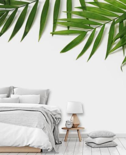 palm leaves hanging over white wallpaper