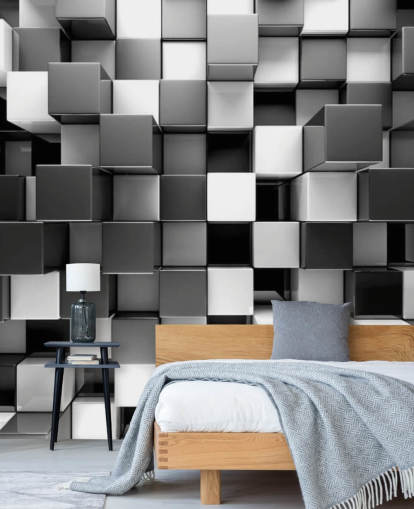 mural de papel pintado 3D en blanco y negro llamado Bloques en blanco y negro 3D para dormitorios y cocinas