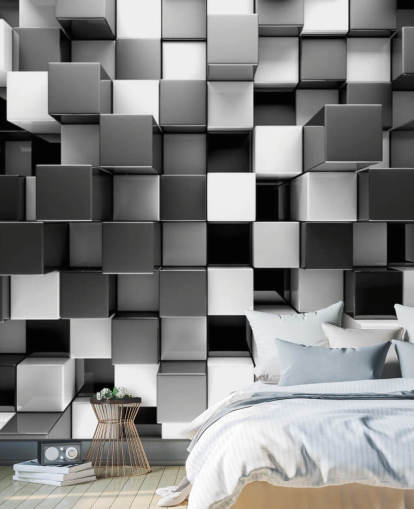 mural de papel pintado 3D en blanco y negro llamado Bloques en blanco y negro 3D para dormitorios y cocinas