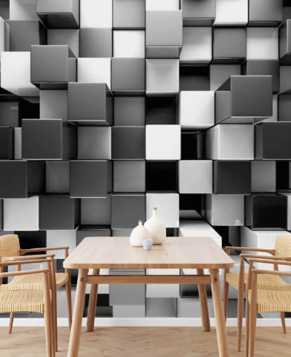 sort/hvid 3D tapet vægmaleri kaldet 3D Black and White Blocks til soveværelser og køkkener