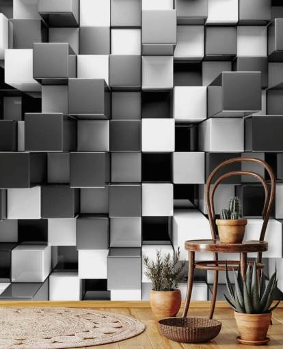black and white 3D wallpaper mural called 3D Black and White Blocks for bedrooms and kitchens black and white 3D wallpaper mural called 3D Black and White Blocks for bedrooms and kitchens