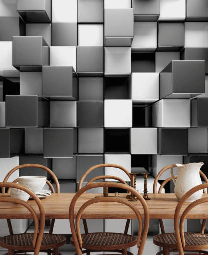 zwart-wit 3D-behangmuurschildering genaamd 3D Black and White Blocks voor slaapkamers en keukens zwart-wit 3D-behangmuurschildering genaamd 3D Black and White Blocks voor slaapkamers en keukens