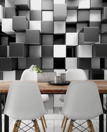 mural de papel pintado 3D en blanco y negro llamado Bloques en blanco y negro 3D para dormitorios y cocinas