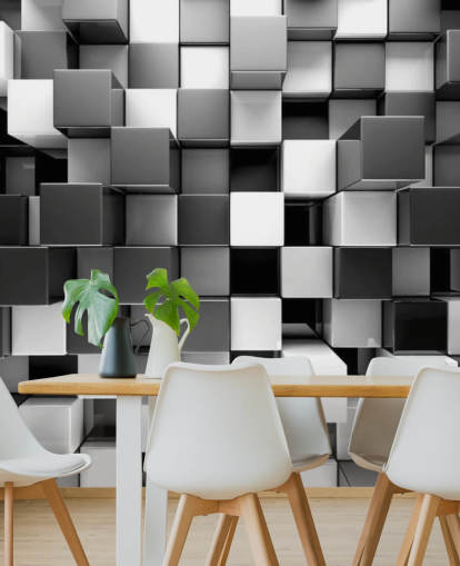 sort/hvid 3D tapet vægmaleri kaldet 3D Black and White Blocks til soveværelser og køkkener