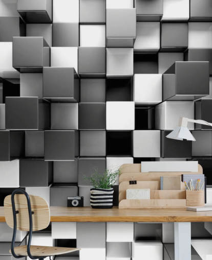 mustavalkoinen 3D-taustakuvamaalaus nimeltä 3D Black and White Blocks makuuhuoneisiin ja keittiöihin