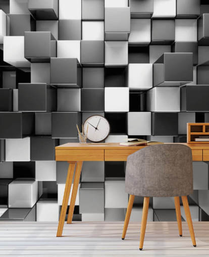 sort/hvid 3D tapet vægmaleri kaldet 3D Black and White Blocks til soveværelser og køkkener