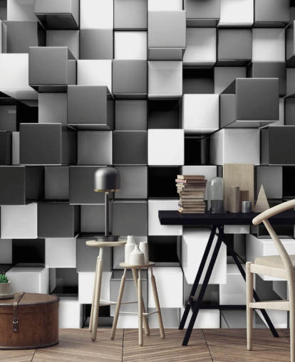 mural de papel de parede 3D preto e branco chamado 3D Black and White Blocks para quartos e cozinhas