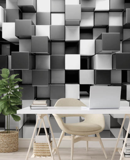 mural de papel pintado 3D en blanco y negro llamado Bloques en blanco y negro 3D para dormitorios y cocinas