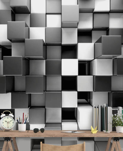 sort/hvid 3D tapet vægmaleri kaldet 3D Black and White Blocks til soveværelser og køkkener