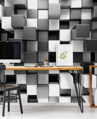 mural de papel de parede 3D preto e branco chamado 3D Black and White Blocks para quartos e cozinhas