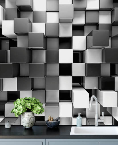 svartvit 3D tapet väggmålning kallad 3D Black and White Blocks för sovrum och kök