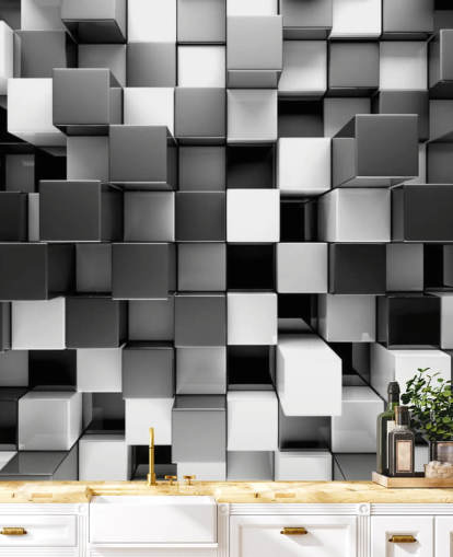 mural de papel de parede 3D preto e branco chamado 3D Black and White Blocks para quartos e cozinhas