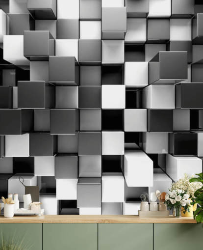 black and white 3D wallpaper mural called 3D Black and White Blocks for bedrooms and kitchens