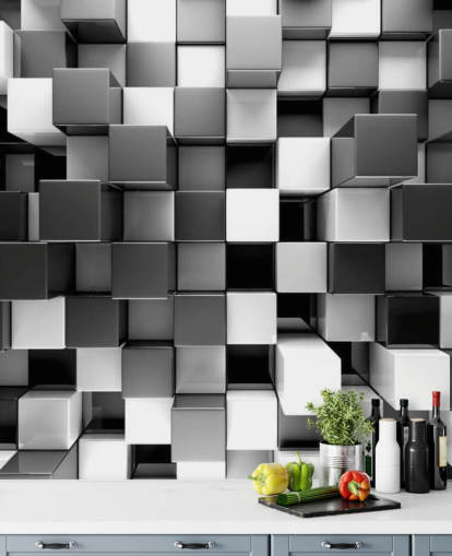 svartvit 3D tapet väggmålning kallad 3D Black and White Blocks för sovrum och kök