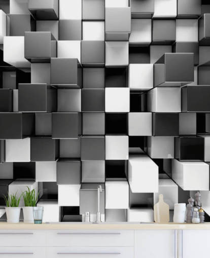papier peint mural 3D noir et blanc appelé 3D Black and White Blocks pour les chambres et les cuisines