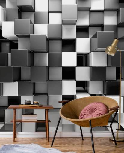 carta da parati murale 3D in bianco e nero chiamata 3D Black and White Blocks per camere da letto e cucine