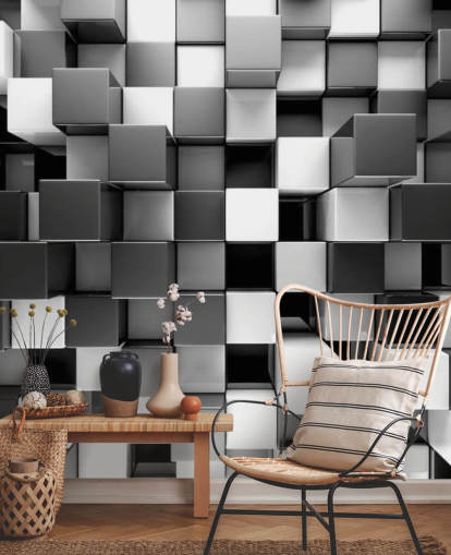 black and white 3D wallpaper mural called 3D Black and White Blocks for bedrooms and kitchens black and white 3D wallpaper mural called 3D Black and White Blocks for bedrooms and kitchens