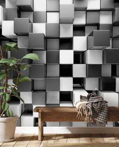 zwart-wit 3D-behangmuurschildering genaamd 3D Black and White Blocks voor slaapkamers en keukens