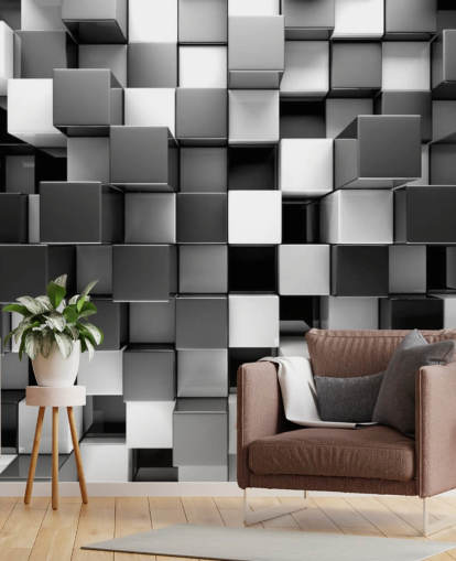 zwart-wit 3D-behangmuurschildering genaamd 3D Black and White Blocks voor slaapkamers en keukens