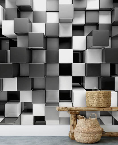 black and white 3D wallpaper mural called 3D Black and White Blocks for bedrooms and kitchens