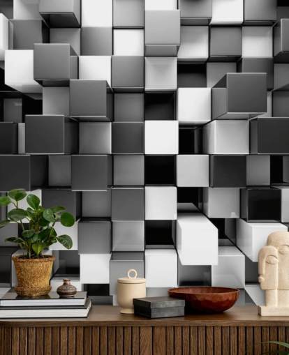 mural de papel pintado 3D en blanco y negro llamado Bloques en blanco y negro 3D para dormitorios y cocinas
