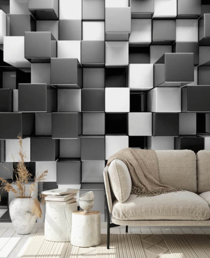 carta da parati murale 3D in bianco e nero chiamata 3D Black and White Blocks per camere da letto e cucine