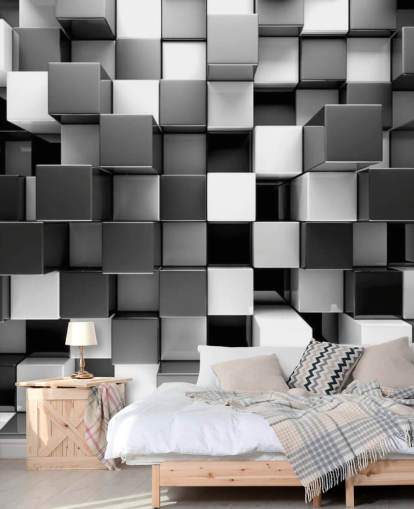 mural de papel de parede 3D preto e branco chamado 3D Black and White Blocks para quartos e cozinhas mural de papel de parede 3D preto e branco chamado 3D Black and White Blocks para quartos e cozinhas