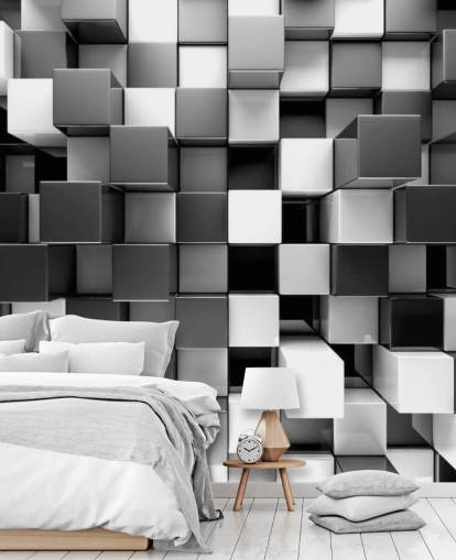 papier peint mural 3D noir et blanc appelé 3D Black and White Blocks pour les chambres et les cuisines