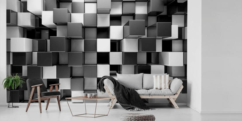 mural de papel pintado 3D en blanco y negro llamado Bloques en blanco y negro 3D para dormitorios y cocinas