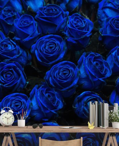 Elektrisch blauwe rozen behang