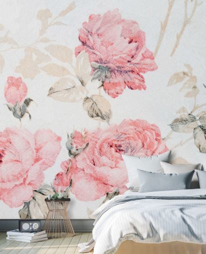 Roze vintage bloemen muurschildering