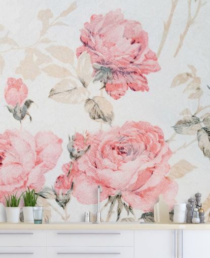 Roze vintage bloemen muurschildering Roze vintage bloemen muurschildering