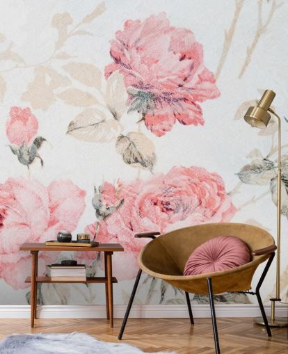 Roze vintage bloemen muurschildering