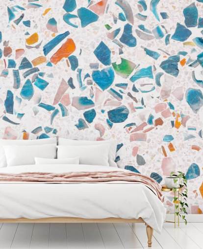 Blue and Orange Speckles on White Background Wallpaper