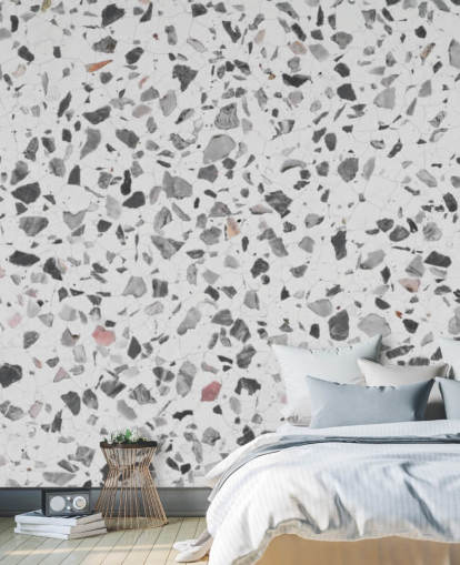 Papier Peint Terrazzo Moucheté Gris et Blanc