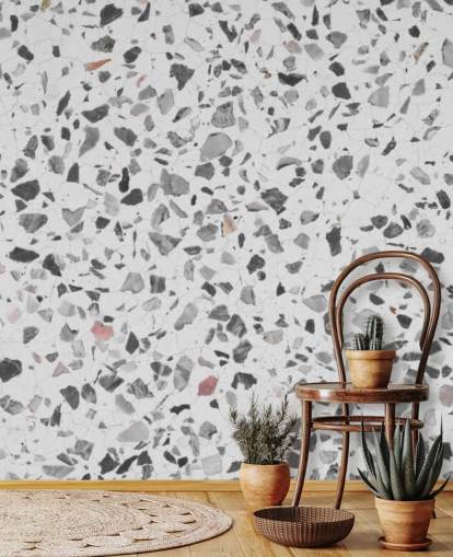 Carta da parati in terrazzo maculato grigio e bianco
