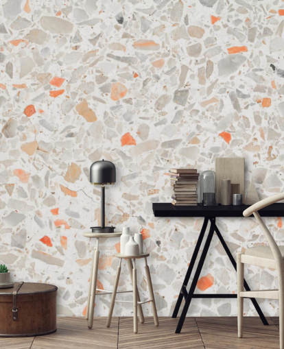 Pale Pink and Smatters of Orange Terrazzo Wallpaper
