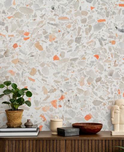 Hellrosa und orangefarbene Terrazzo-Tapete