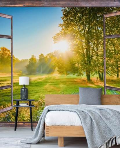 vihreä mukautettu auringonnousun julkisivun taustakuvamaalaus nimeltä Sunrise Window View 