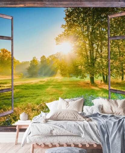 green custom sunrise facade wallpaper mural called Sunrise Window View 