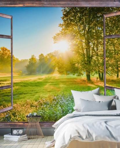 grønn tilpasset soloppgangsfasade tapetveggmaleri kalt Sunrise Window View 