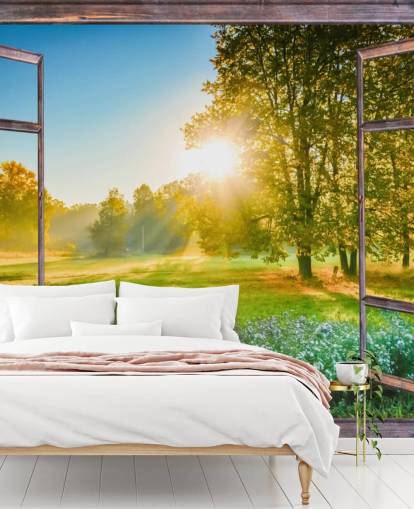 green custom sunrise facade wallpaper mural called Sunrise Window View green custom sunrise facade wallpaper mural called Sunrise Window View