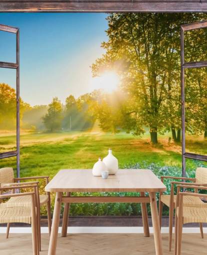 groene op maat gemaakte muurschildering met zonsopganggevel genaamd Sunrise Window View 