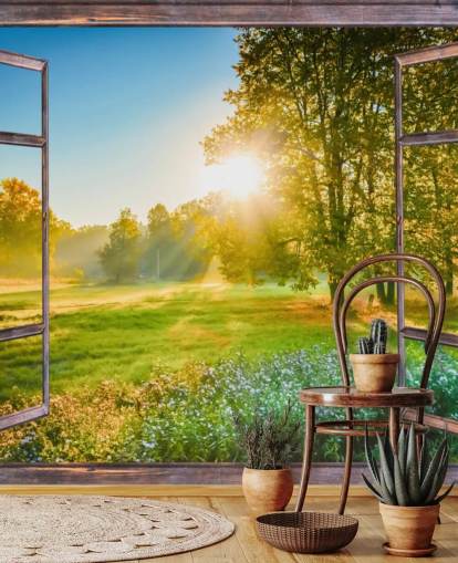 green custom sunrise facade wallpaper mural called Sunrise Window View 