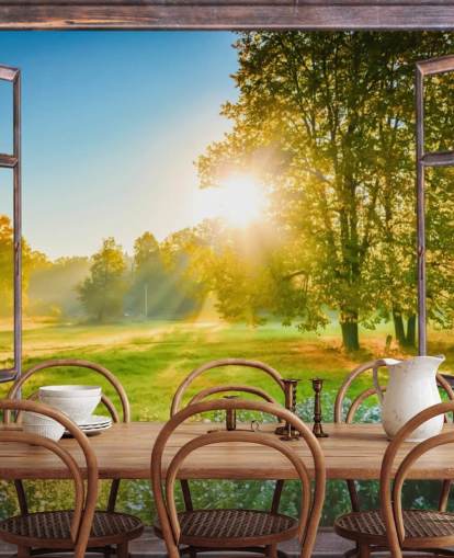 green custom sunrise facade wallpaper mural called Sunrise Window View 